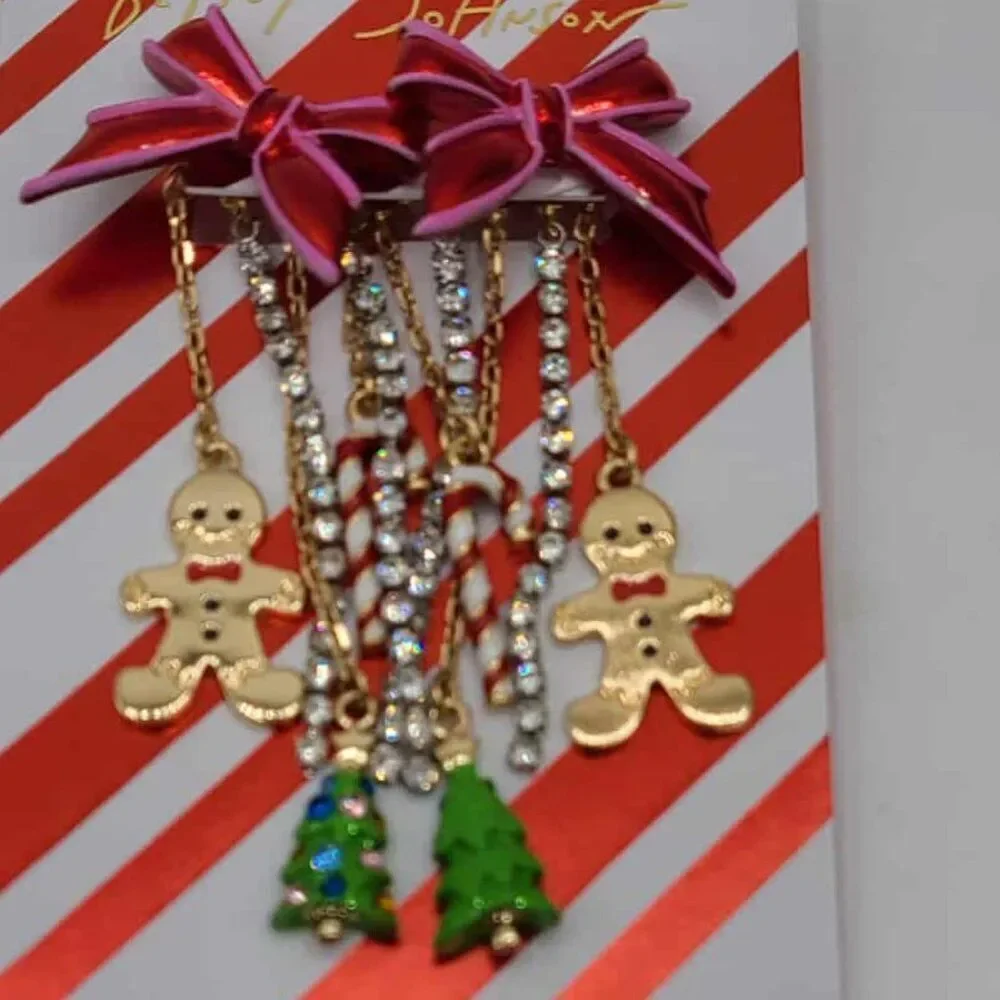 Betsey Johnson Red Bow Ginger Bread Man Tree Crystal Charm Earrings NWT!  NEW!